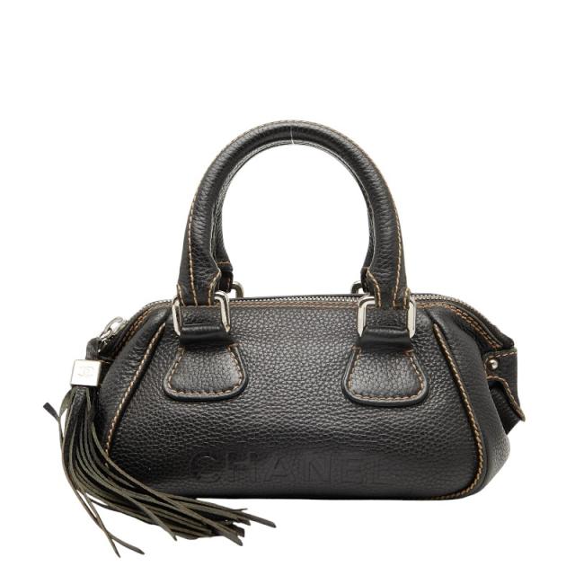 シャネル ロゴ フリンジ ミニボストンバッグ ハンドバッグ ブラック キャビアスキン レディース CHANEL 【中古】