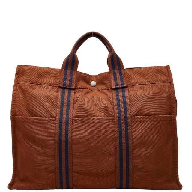 エルメス フールトゥ トートMM トートバッグ ブラウン ネイビー キャンバス レディース HERMES 【中古】