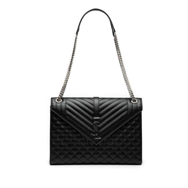 サンローラン YSLロゴ エンベロープ チェーン ショルダーバッグ ハンドバッグ 600166 ブラック シルバー レザー SAINT LAURENT 【中古】