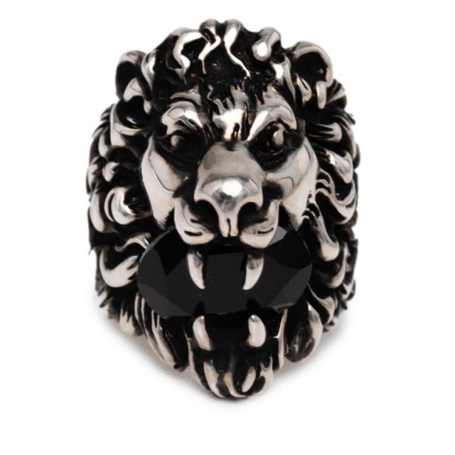 グッチ ライオンヘッド リング 指輪 #16 シルバー ブラック メタル ストーン メンズ GUCCI 【中古】