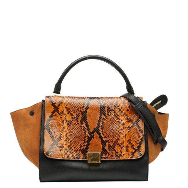 セリーヌ トラペーズ ミディアム ハンドバッグ ショルダーバッグ 2WAY ブラック オレンジ ブラウン レザー パイソン CELINE 【中古】 セリーヌ トラペーズ ミディアム ハンドバッグ ショルダーバッグ 2WAY