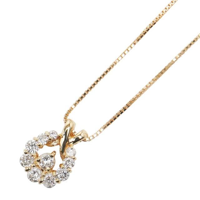K18YG イエローゴールド ダイヤ0.51ct ラウンド サークル ベネチアンチェーン ネックレス レディース 中古