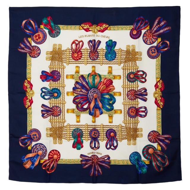エルメス カレ90 LES RUBANS DU CHEVAL 馬のリボン飾り スカーフ ネイビー ホワイト マルチカラー シルク レディース HERMES 【中古】