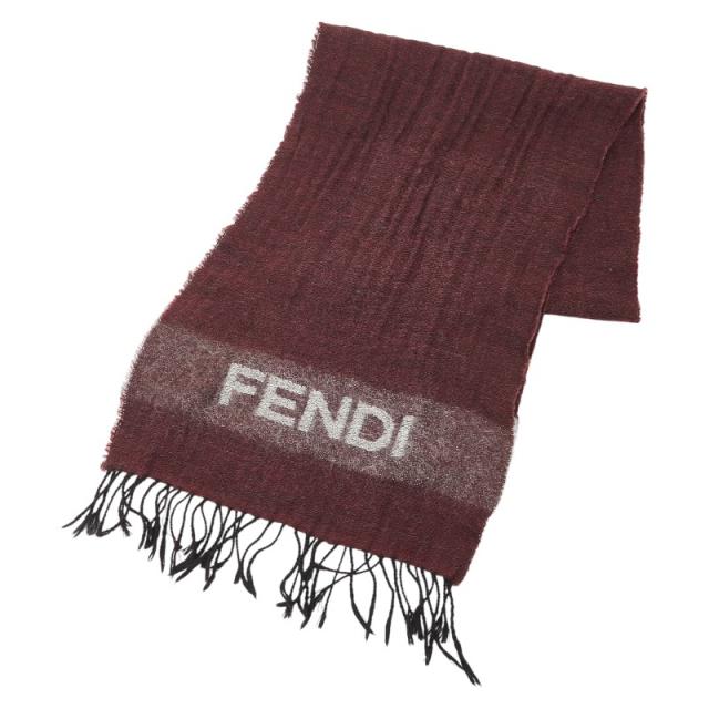 フェンディ ロゴ マフラー ワインレッド ブラック ウール レディース FENDI 【中古】