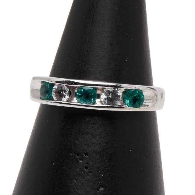 K14WG ホワイトゴールド エメラルド サファイア 一文字リング 指輪 レディース 11号 中古