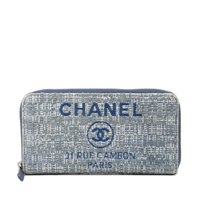 シャネル ココマーク ドーヴィル 長財布 ラウンドファスナー ブルー ツイード レザー レディース CHANEL 【中古】