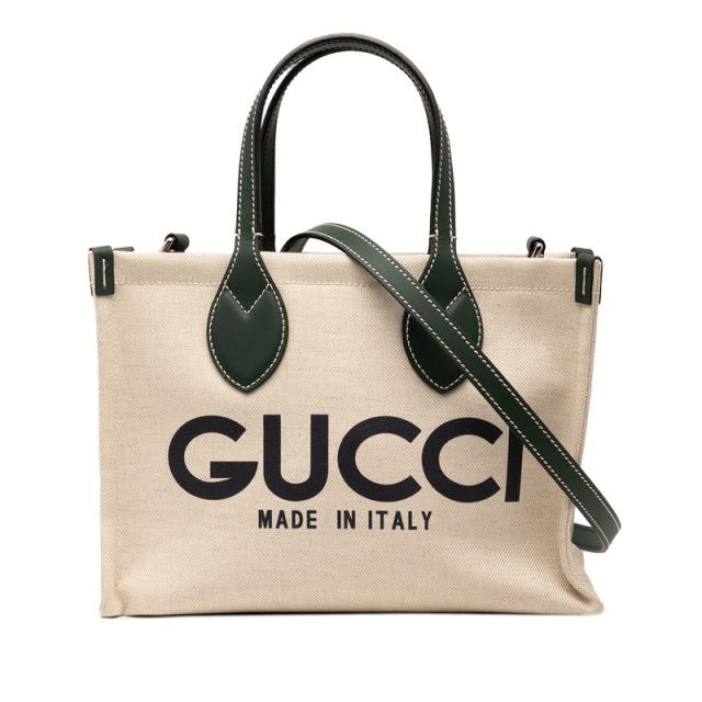 グッチ ロゴプリント ミニトートバッグ ショルダーバッグ 2WAY 772144 ベージュ グリーン キャンバス レザー レディース GUCCI 【中古】