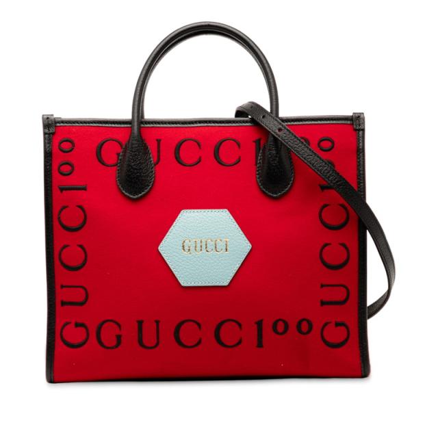 グッチ 100th 100周年記念 ロゴ トートバッグ ショルダーバッグ 2WAY 659988 レッド ブラック キャンバス レザー GUCCI 【中古】