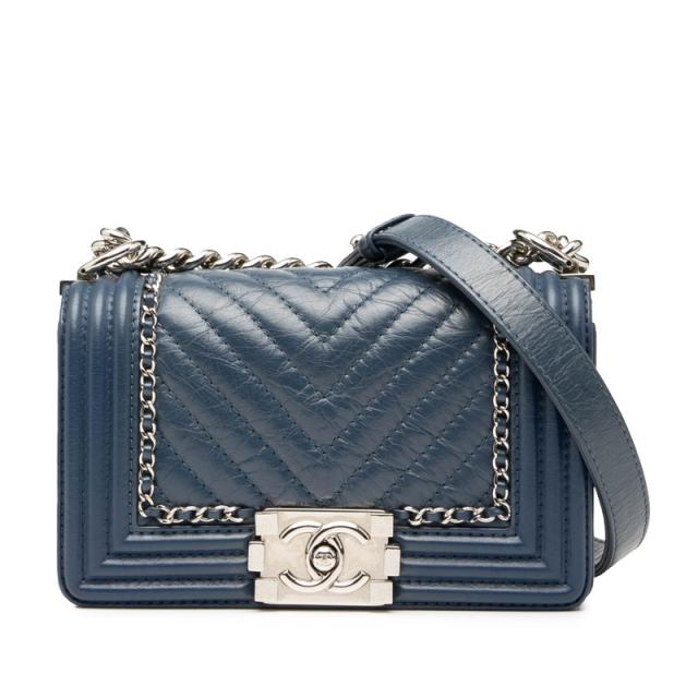 シャネル ボーイシャネル シェブロン ココマーク チェーン ショルダーバッグ ブルー ラムスキン レディース CHANEL 【中古】