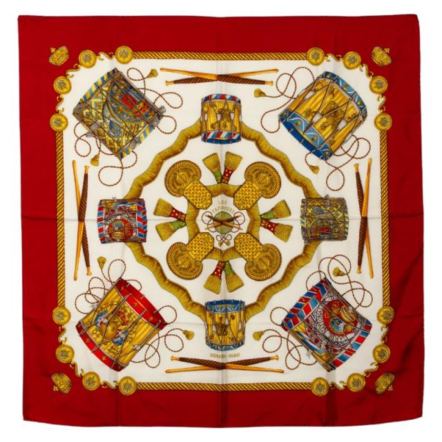 エルメス カレ90 LES TAMBOURS タンブールの太鼓 スカーフ レッド マルチカラー シルク レディース HERMES 【中古】
