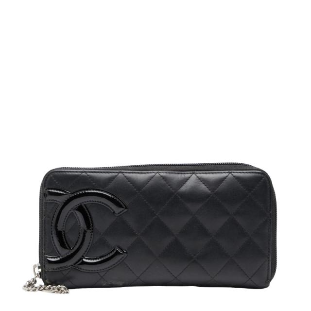 シャネル カンボンライン ココマーク ラウンドファスナー 長財布 ブラック カーフ レディース CHANEL 【中古】