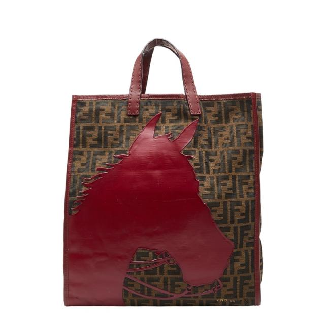 フェンディ ズッカ ホース モチーフ ハンドバッグ トートバッグ ブラウン レッド キャンバス レザー レディース FENDI 【中古】