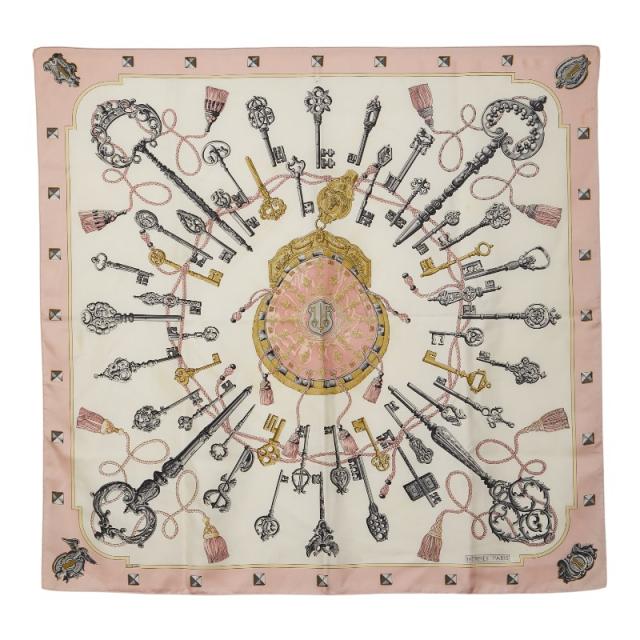 エルメス カレ90 LES CLES 鍵 スカーフ ピンク マルチカラー シルク レディース HERMES 【中古】