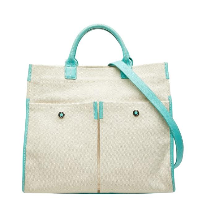 ティファニー ハンドバッグ ショルダーバッグ 2WAY ホワイト ティファニーブルー キャンバス レザー レディース TIFFANY&amp;Co. 【中古】