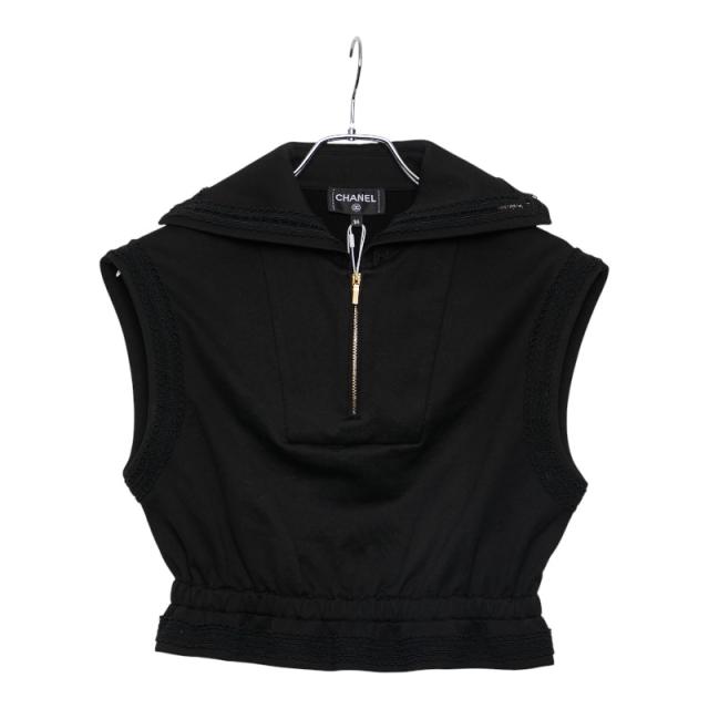 シャネル ココビーチ ノースリーブ ハーフジップトップス サイズ34 P76205V63537 ブラック コットン レディース CHANEL 【中古】