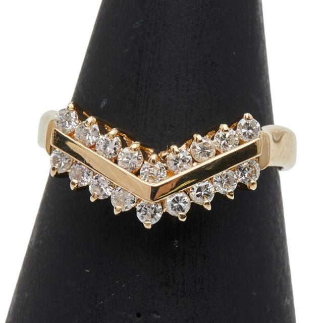 K18YG イエローゴールド ダイヤ0.33ct V字 リング 指輪 レディース 8.5号 中古