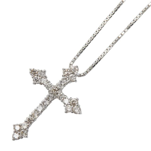 K18WG ホワイトゴールド ダイヤ0.50ct クロス 十字架 モチーフ ペンダントネックレス レディース 中古