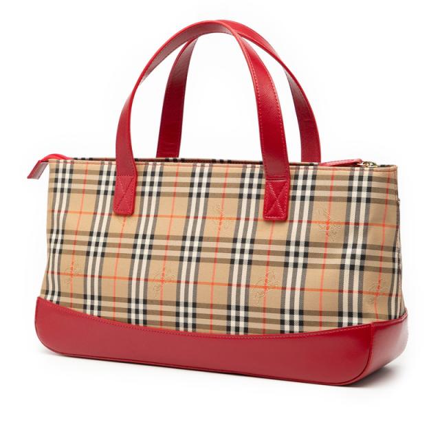 バーバリー ノバチェック ハンドバッグ ベージュ レッド キャンバス レザー レディース BURBERRY 【中古】_1
