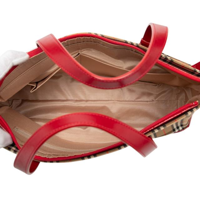 バーバリー ノバチェック ハンドバッグ ベージュ レッド キャンバス レザー レディース BURBERRY 【中古】_3