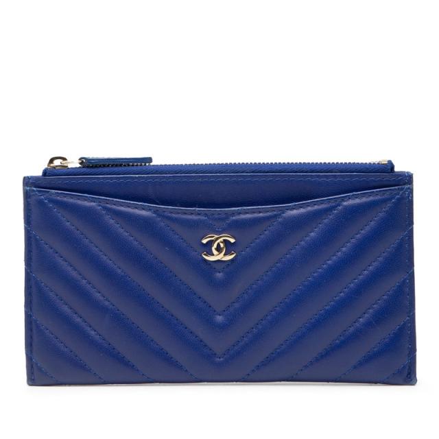 シャネル ココマーク シェブロン Vステッチ ポーチ ブルー ラムスキン レディース CHANEL 【中古】