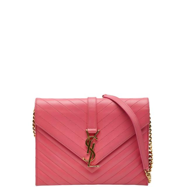 サンローラン Vステッチ YSLロゴ 斜め掛け チェーン ショルダーバッグ ピンク レザー レディース SAINT LAURENT 【中古】