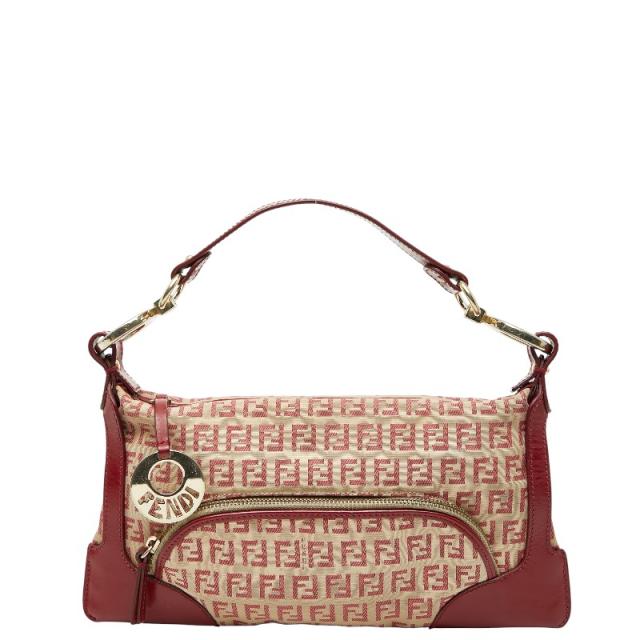 フェンディ ズッキーノ ハンドバッグ 8BR464 ベージュ レッド キャンバス レザー レディース FENDI 【中古】