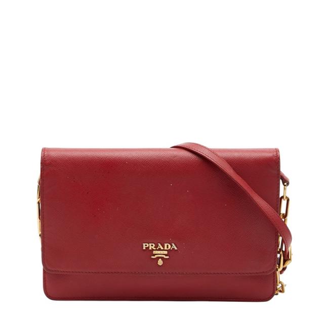 プラダ ロゴ チェーン ウォレット ショルダーバッグ 1M1361 レッド ゴールド サフィアーノレザー レディース PRADA 【中古】