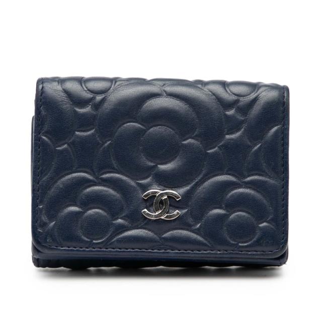 シャネル カメリア ココマーク 三つ折り財布 ネイビー レザー レディース CHANEL 【中古】