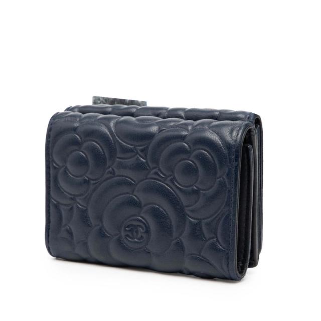 シャネル カメリア ココマーク 三つ折り財布 ネイビー レザー レディース CHANEL 【中古】_1
