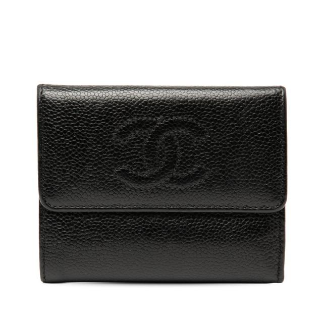 シャネル ココマーク 三つ折り財布 ブラック キャビアスキン レディース CHANEL 【中古】