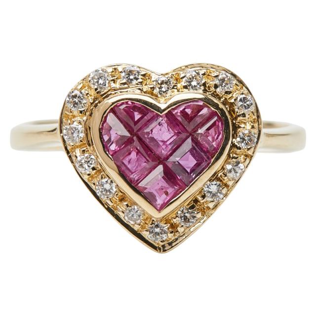 K18YG イエローゴールド ルビー0.50ct ダイヤ0.16ct ハートモチーフ リング 指輪 レディース 9.5号 中古
