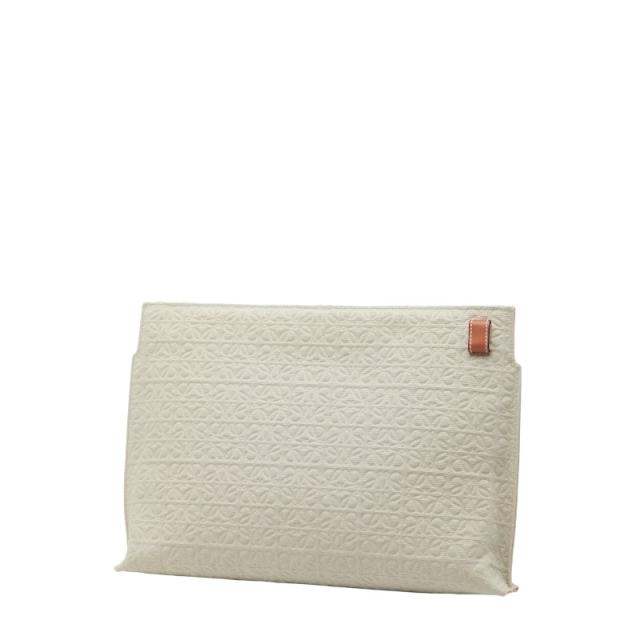 ロエベ リピートアナグラム Tポーチ クラッチバッグ ライトグリーン ブラウン キャンバス レザー レディース LOEWE 【中古】_1