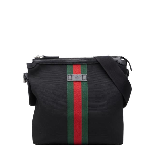 グッチ シェリーライン 斜め掛け ショルダーバッグ 387111 ブラック ナイロン レザー レディース GUCCI 【中古】