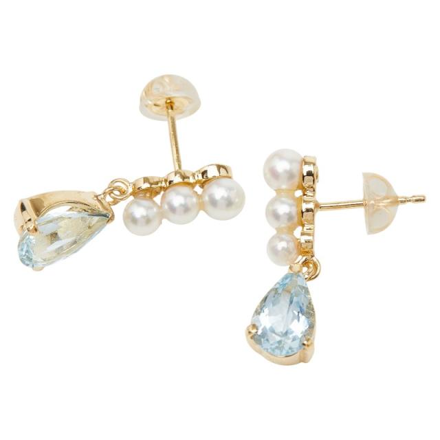 K18YG イエローゴールド アクアマリン1.82ct アコヤパール3.0〜4.1mm ピアス レディース 中古