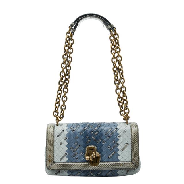 ボッテガヴェネタ イントレチャート アイヤーズ オリンピア チェーン ショルダーバッグ ブルー ゴールド レザー BOTTEGAVENETA 【中古】