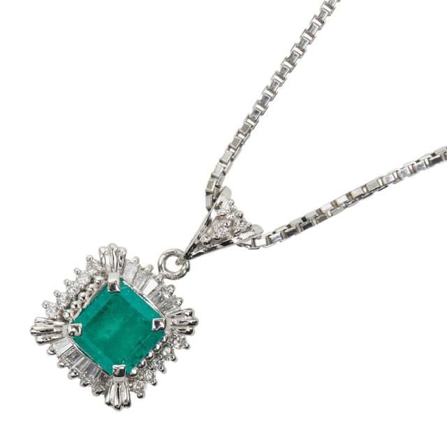 Pt850 プラチナ エメラルド1.09ct ダイヤ0.25ct ペンダント ネックレス レディース 中古 68,475円