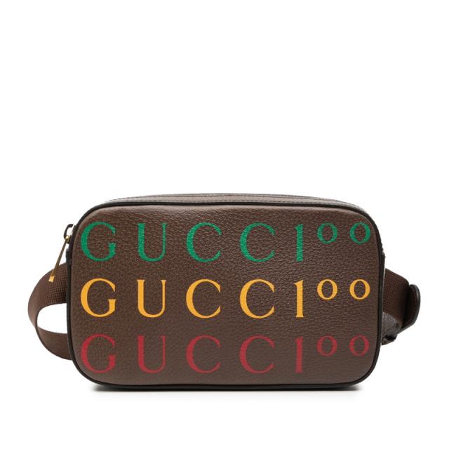グッチ 100周年記念 ロゴ ウエストバッグ 602695 ブラウン レザー メンズ GUCCI 【中古】