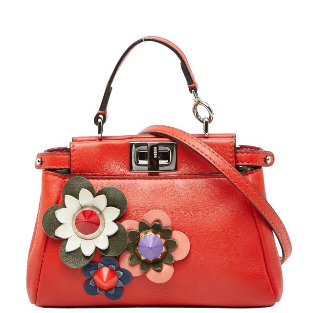 フェンディ マイクロ ピーカブー フラワーモチーフ ハンドバッグ ショルダーバッグ ポシェット 2WAY 8M0355 レッド FENDI 【中古】