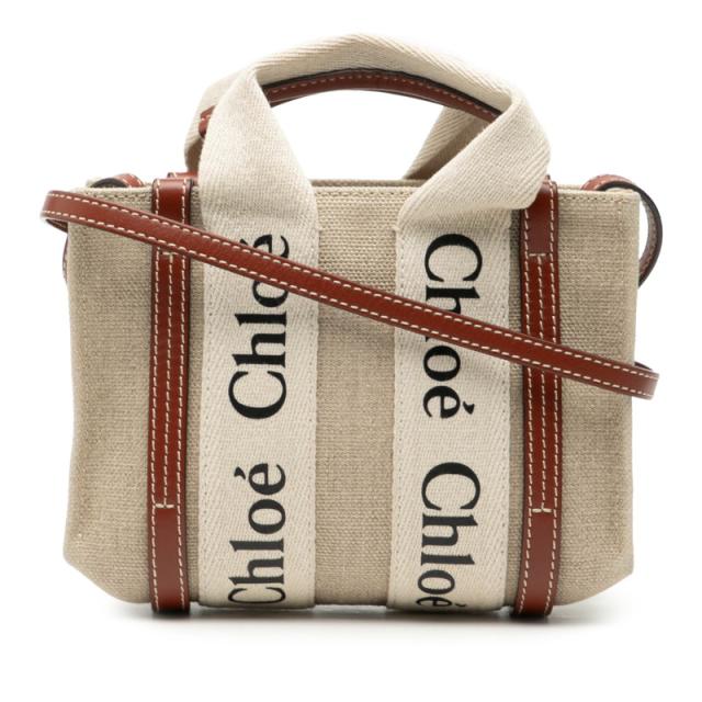 クロエ ウッディ ミニ ハンドバッグ ショルダーバッグ 2WAY ベージュ ブラウン キャンバス レザー レディース Chloe 【中古】