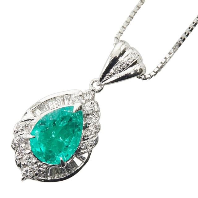Pt900 プラチナ Pt850 プラチナ エメラルド2.14ct ダイヤ0.415ct ペアーシェイプ ペンダント ネックレス レディース 中古