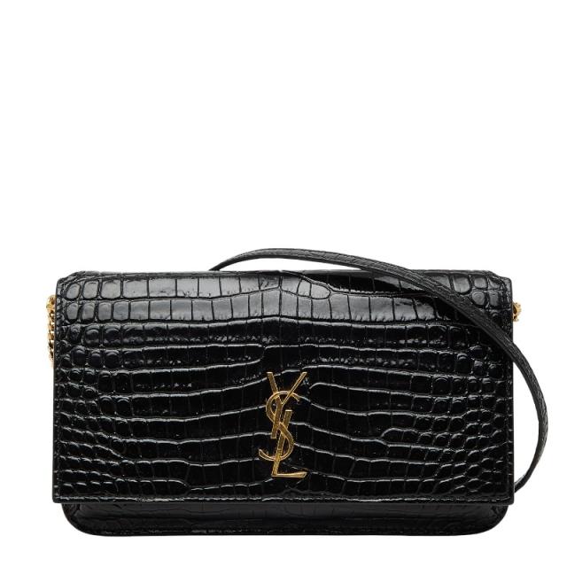 サンローラン YSLロゴ クロコ型押し チェーンショルダーバッグ フォンホルダー 635095 ブラック レザー SAINT LAURENT 【中古】