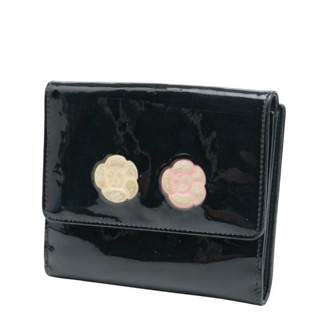 シャネル ココマーク カメリア 二つ折り財布 ブラック マルチカラー パテントレザー レディース CHANEL 【中古】_1