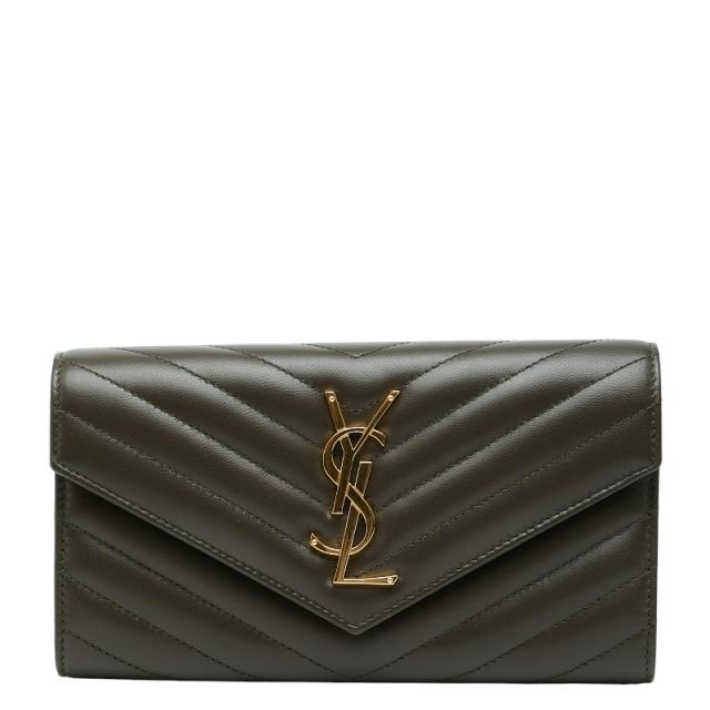 サンローラン カサンドラ Vステッチ 長財布 372264 カーキ レザー レディース SAINT LAURENT 【中古】