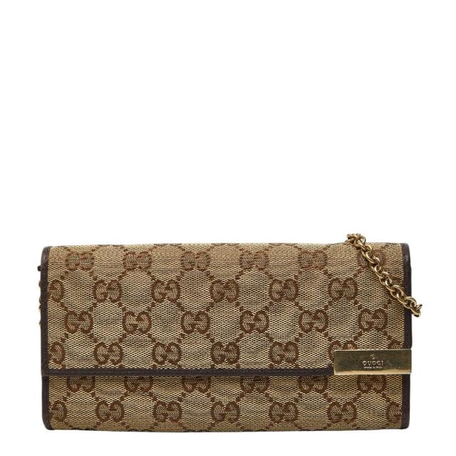 グッチ GGキャンバス チェーンウォレット 長財布 269541 ベージュ ブラウン キャンバス レザー レディース GUCCI 【中古】