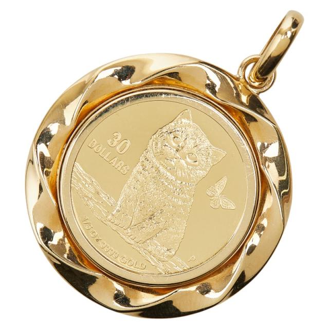 K24YG イエローゴールド K18YG  ツバルキャット 2020年 1/5oz エリザベス2 30ドル金貨 ペンダント ネックレス レディース 中古