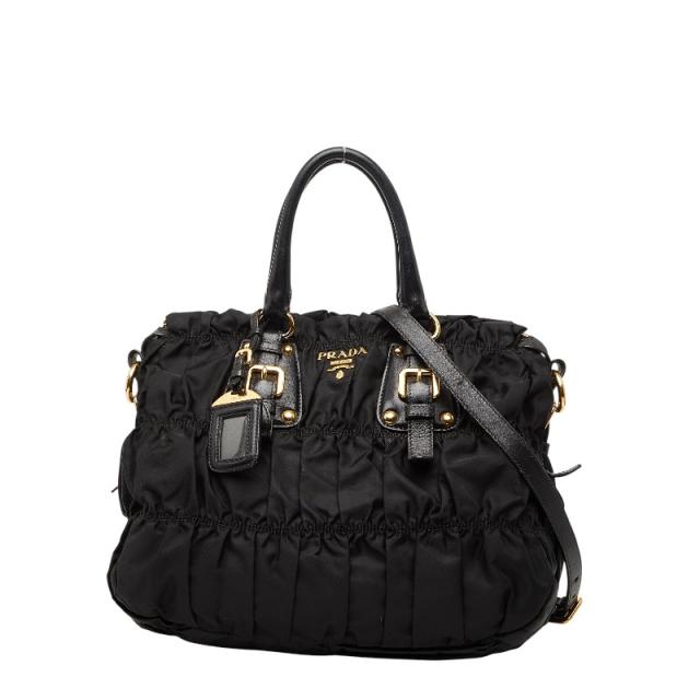 プラダ ギャザー ロゴ トートバッグ ショルダーバッグ 2WAY BN2346 ブラック ナイロン レザー レディース PRADA 【中古】