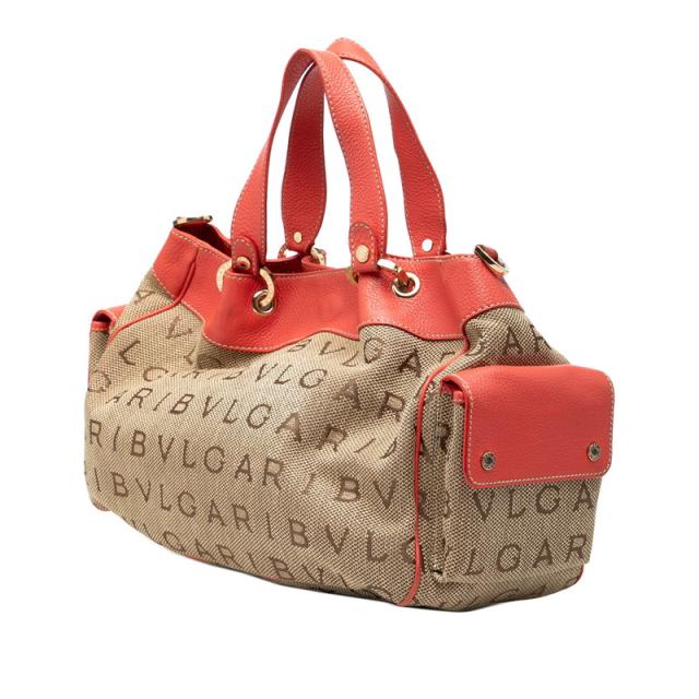 ブルガリ ロゴマニア ハンドバッグ ショルダーバッグ 2WAY ベージュ ピンク キャンバス レザー レディース BVLGARI 【中古】_1