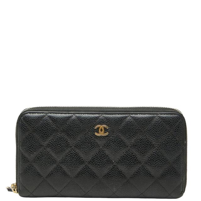 シャネル ココマーク マトラッセ ラウンドファスナー 長財布 ブラック キャビアスキン レディース CHANEL 【中古】
