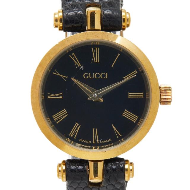 グッチ ベルト（社外品） 腕時計 クオーツ ブラック文字盤 ステンレススチール レザー レディース GUCCI 【中古】