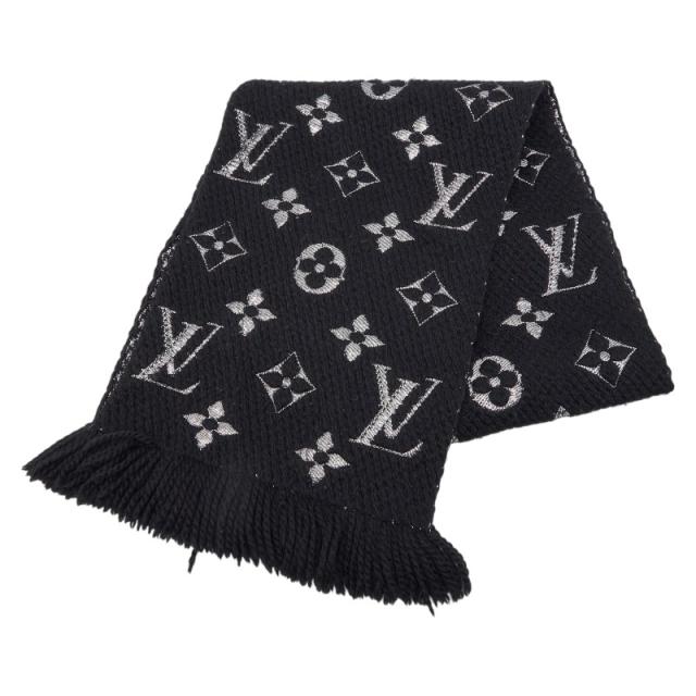 ルイ ヴィトン エシャルプ ロゴマニア シャイン マフラー M75833 ノワール ブラック ウール シルク レディース LOUIS VUITTON 【中古】